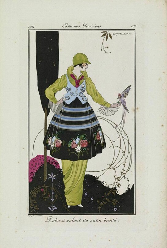 Robe à volant de satin brodé, Umberto Brunelleschi, from Journal des Dames et des Modes, 1914, Paris, France © Trustees of the Chester Beatty Library