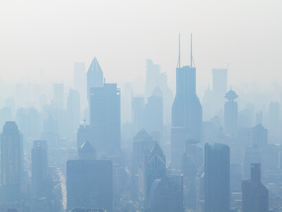 Los edificios van escondiéndose detrás de la capa de humo generada por la contaminación. Shanghái, China