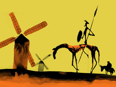 Don Quijote en su lucha con los molinos