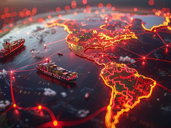 A high-tech visualization of global transportation flows, representing the interconnected nature of modern economies