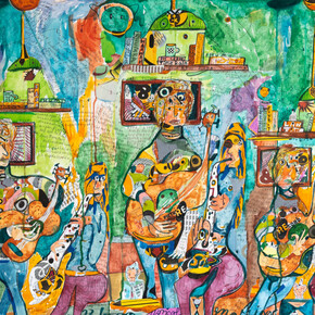 Devon Marinac, Aria 51 (Surf, Surge, Shore), 2023, watercolor, ink pen, and mixed media collage on paper, 30x40 inches (76.25x101.5 cm). Courtesy of the Artist and Marc Straus