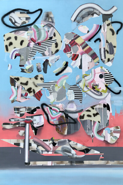 Carlos Beltran Arechiga, Border Angels, Pima, 2018,  80 x 55.5 inches, acrylic, enamel, caulking paste, on linen. Courtesy of Tufenkian Fine Arts