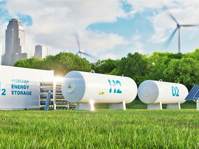 A concept drawing of an energy storage system based on electrolysis of hydrogen in a clean environment with photovoltaics, wind farms and a city in the background