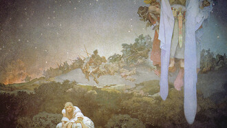 Alfons Mucha, Die Slawen in ihrem Heimatland „zwischen der Knute der Türken und dem Schwert der Goten“, 1912. Tempera auf Leinwand, 610 x 810 cm. Mucha Museum, Prag
