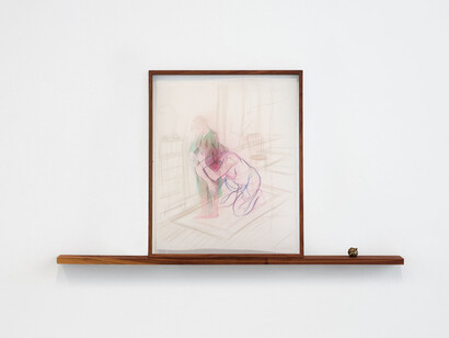 Joeun Kim Aatchim, Conceiving Healed-Self at East Pigeon House in Yaddo. My Springest Spring in Saratoga Springs, 2023. Colored pencil on silk, stone pigment suspended in shellac on acrylic sheets, black walnut frame, 23 x 19 inches (58.5 x 48 cm). Courtesy of François Ghebaly, Los Angeles, CA