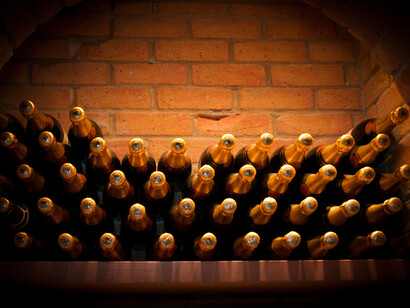 Champagne bottles in a cellar