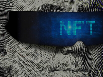 NFT token and currency, showcasing a $100 bill with an illustrated Franklin donning cyber glasses, representing the fusion of traditional finance with crypto art