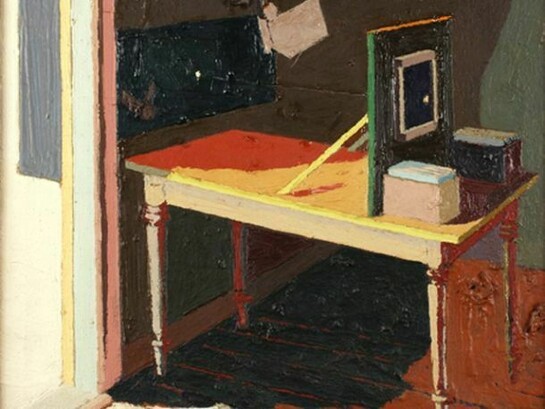 Jess, Ex. 1-Laying a Standard (detail), Translation #1, 1959, oil on canvas, 23.5x15 inches, Courtesy Tibor de Nagy Gallery, NY