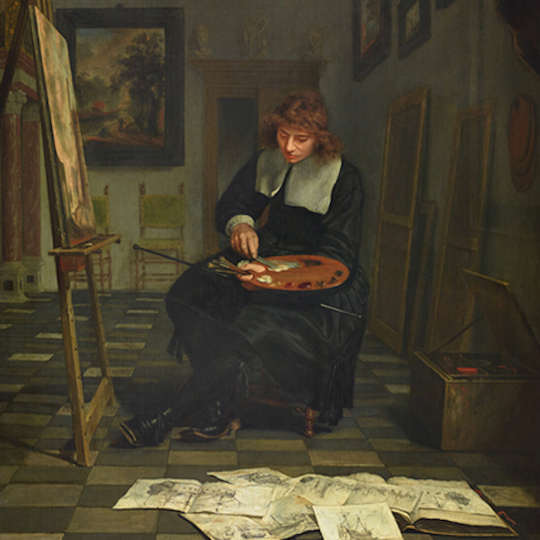 Michiel van Musscher, An Artist in His Studio with His Drawings, mid-1660s, oil on panel, Liechtenstein, The Princely Collections, Vaduz-Vienna. Courtesy of National Gallery of Art