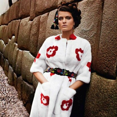 Model looks into the camera in Cuzco, Peru