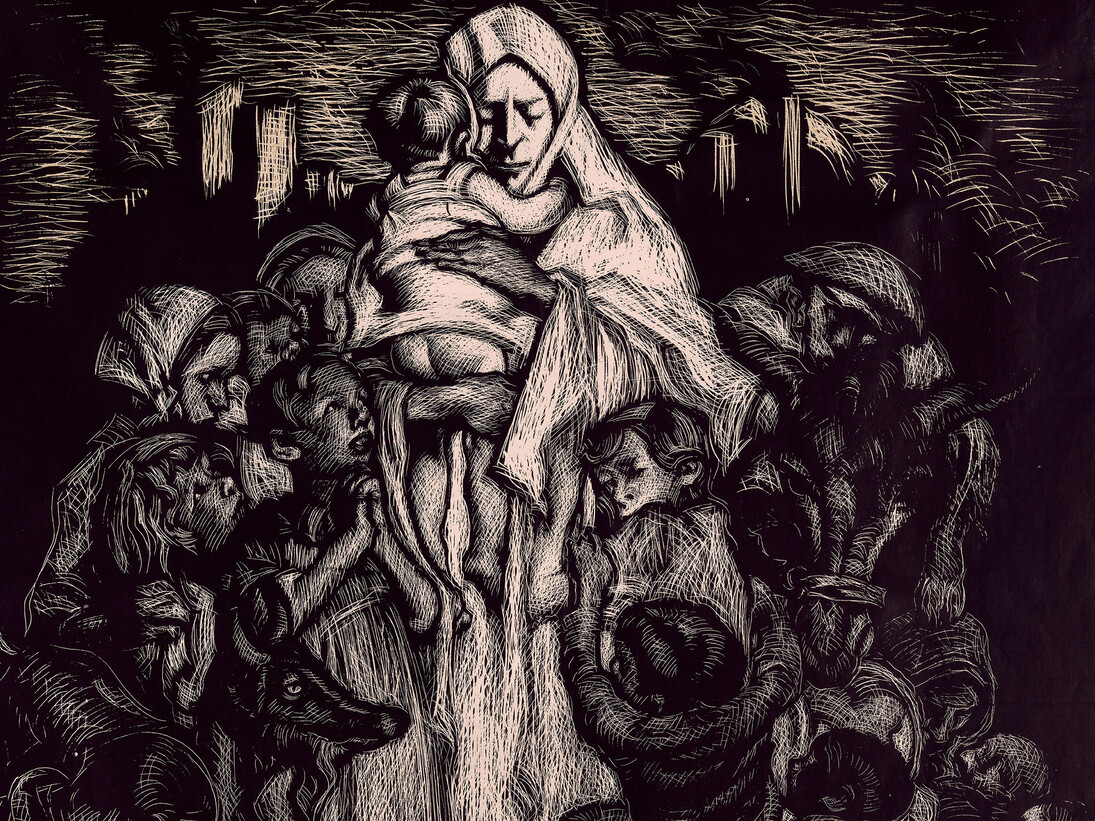 Frank Brangwyn, ‘For the Relief of Women and Children in Spain’ (detail) published by General Relief Fund for Distressed Women and Children in Spain, 1936-7, Lithograph on paper, Leicestershire County Council Artworks © David Brangwyn