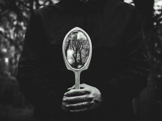 A person holding a hand mirror toward the autumn forest, reflecting shifting perspectives