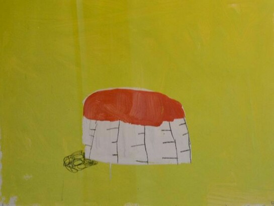 Gary Komarin, Orange and White on Lime, 2008, Mixed media on paper, 26.5 x 34.25 inches