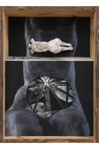 Kalliopi Lemos, Boxed World no.1, 2015, Dimensions: 74 cm x 54 cm x 20 cm, Photograph and small figurine made of steel skeleton, air drying clay and Japanese paper, installed in a wooden box made with reclaimed wood from the roof of an old Georgian house
