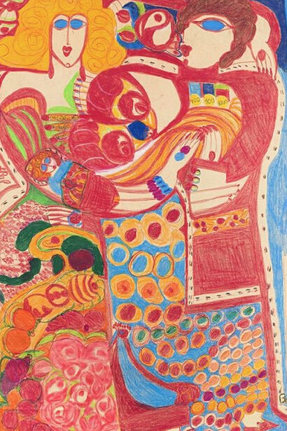 Aloïse Corbaz, Bal tango – Hôtel Rosière, 1960–1963, Farbkreiden, Farbstifte, Bleistift auf Papier, Kunstmuseum Solothurn, Schenkung Etienne und Jacqueline Porret-Forel, 1995 © Fondation Aloïse, Chigny © Foto Kunstmuseum Solothurn