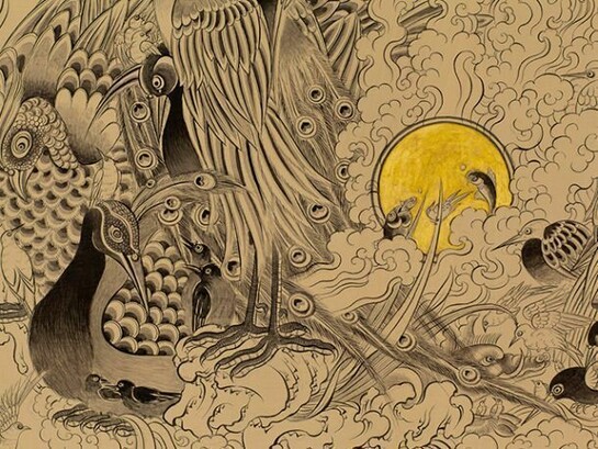 Pema Rinzin, Auspicious Dream 2, 2013, Sumi ink, gold, stone pigment on wood, 36 x 96 inches. Images courtesy of Joshua Liner Gallery