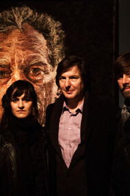 Mondongo Group members Juliana Laffitte and Manuel Mendanha, left and right respectively, stand with an admirer at the group's exhibit at the Museo Nacional de Bellas Artes, the National Arts Museum in Buenos Aires, Argentina, on the 11th of May, 2016