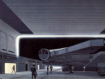 Ralph McQuarrie. El Halcón Milenario en el hangar de la Estrella de la Muerte