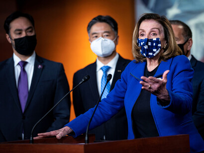Nancy Pelosi speaks during a news conference with House impeachment managers