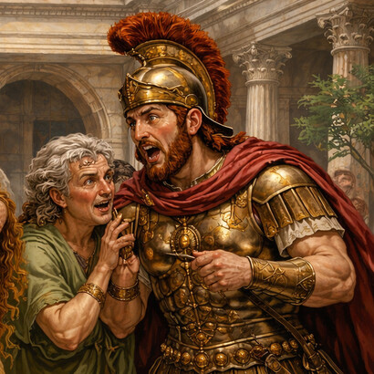 Ricostruzione, con l'ausilio dell'intelligenza artificiale, di una scena della commedia di Plauto "Curculio": il soldato, Terapontigono e la custode Leonessa