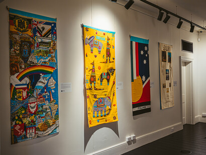 Aussies! The Migration Museum Banners Project, exhibition view. Courtesy of Migration Museum