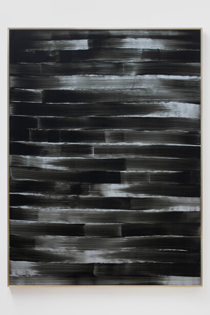 Sam Moyer, Breakers III, 2014, glass, glass paint, painted fabric, and brass frame, 72.5 x 54.5 inches 