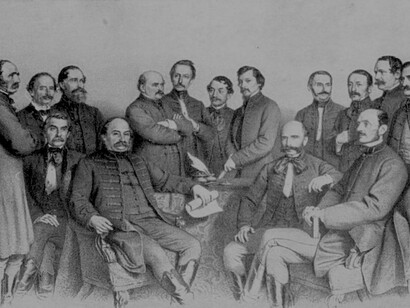 Profesores de la Facultad de Medicina de Pest, 1863 ( Semmelweis, detrás con los brazos cruzados)