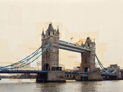 Londra, Passaggio storico, dettaglio. Stampa fotografica su collage di pagine di libri d'epoca, op. 1 di 3, 65x220x4 cm, 2014, collezione privata
