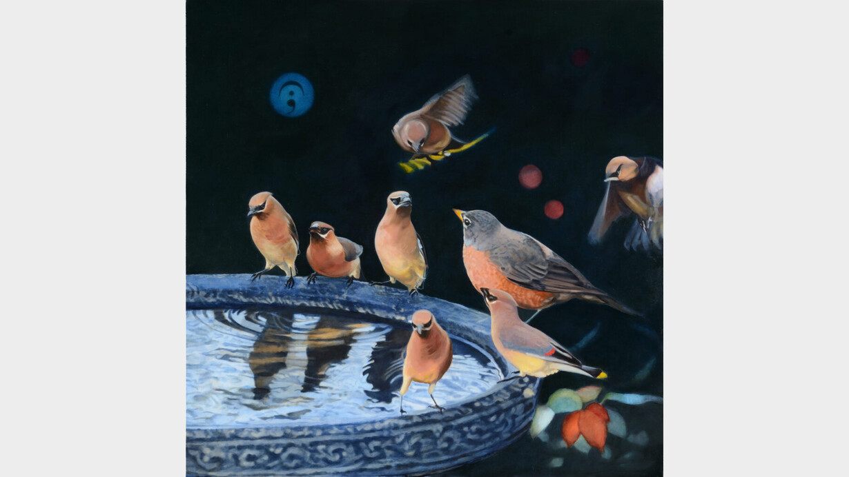 Diane Andrews Hall, Birdbath (Good News), 2021. Oil on wood, 20 x 20 in. Courtesy of the artist and Rena Bransten Gallery