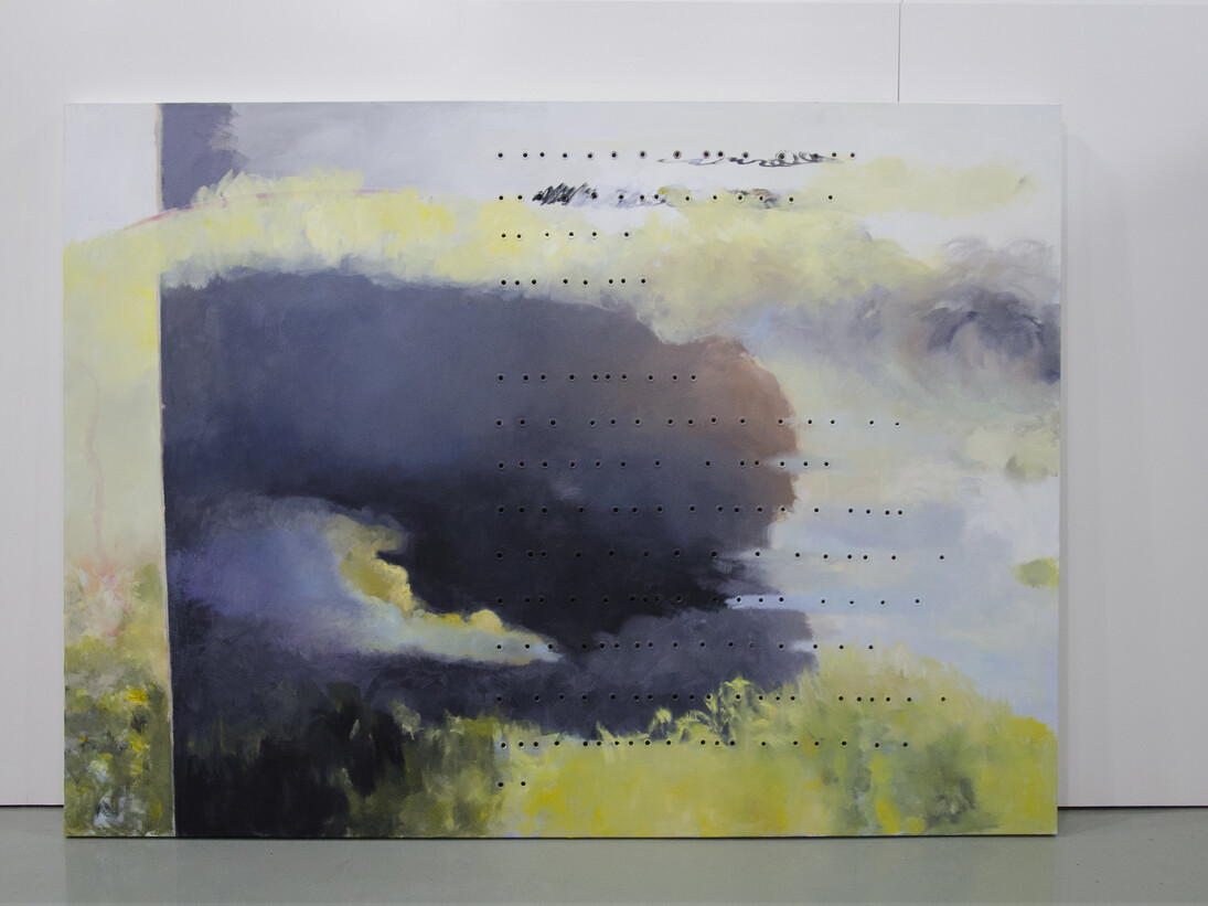 How to Compose a Poem, 2015, Oil
on canvas, 220 X 200, perforated with grommets