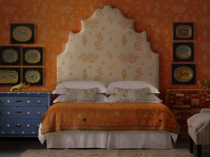Kit Kemp for Andrew Martin, Wychwood Melon Orange Wallpaper, Headboard in Friendly Folk Melon Orange Fabric