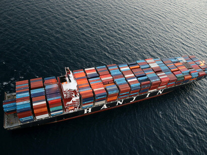 A Hanjin Shipping Co ship is seen stranded outside the Port of Long Beach California