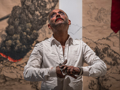 Performance-installation documentation from EMBERS / BRACI by Nikhil Chopra and Uriel Barthélémi, exhibited at Galleria Continua in 2026. Courtesy of the artists and Galleria Continua. © Francesco Raco