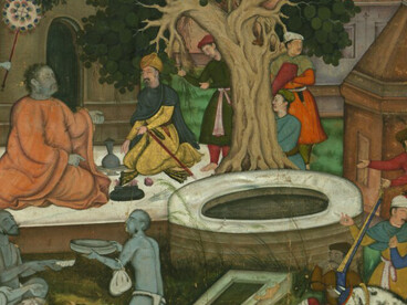 “Babur and His Warriors Visiting a Hindu Temple,” illustration from a late 16th-century manuscript of the Baburnama (Memoirs of Babur)