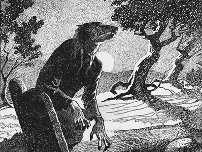 Drawing of a werewolf in woodland at night. Main illustration for the story "The Werewolf Howls". Internal illustration from the pulp magazine Weird Tales