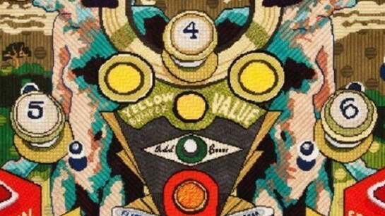 Maria E. Piñeres, Caveat (May He Beware), 2013, cotton floss on plastic mounted on wood panel, 25 x 41"