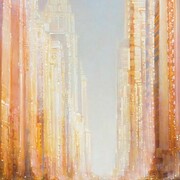 Mark Innerst, Horizontal Gold Cityscape, 2014, Oil on panel in the artist's handmade frame, 16 x 20 inches (panel); 22 3/4 x 26 3/4 inches (frame)