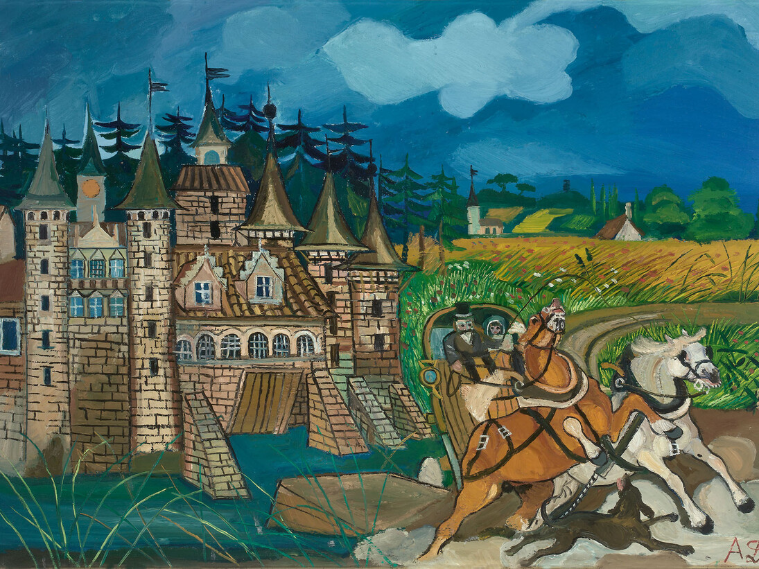 Antonio Ligabue, Diligenza con castello, 1957-1958, olio su tela, 70x100 cm