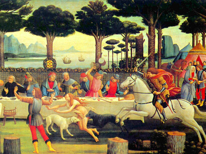 Sandro Botticelli. Nastagio degli Onesti, terzo episodio (82x142 cm), 1483. Museo del Prado di Madrid