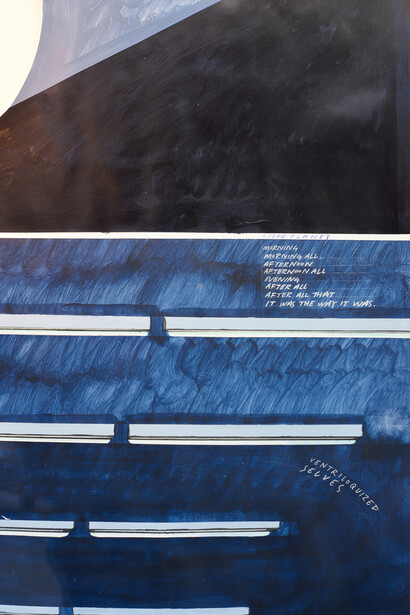 Charlie Godet Thomas, Song of Concern (Ventriloquised Selves) (Detail), 2019. Acrylic on paper, wood, coloured pencil, pins, light fitting, cut plastic water bottle. 214.5 x 152.5 x 2.5 cm. Photographer Jonathon Bassett.