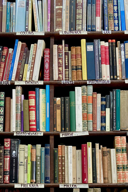 Estantes llenos de libros organizados por autor