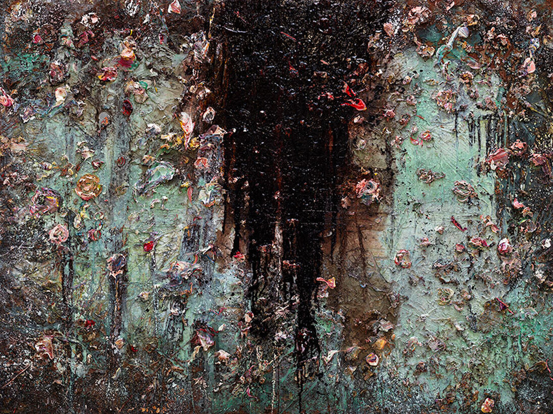 Anselm Kiefer, Aurora, 2015–17, Oil, emulsion, acrylic, shellac, and sediment of an electrolysis on canvas, 110 1/4 × 149 5/8 × 3 5/8 inches (280 × 380 × 9 cm) © Anselm Kiefer. Photo by Georges Poncet