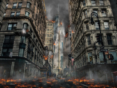 A rendition of an American city ravaged by war
