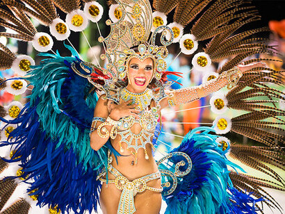 Bursting with joy and energy, the beautiful street dancer at a Latin America carnival commands attention with her elaborate feathered costumes and vibrant, shimmering accessories