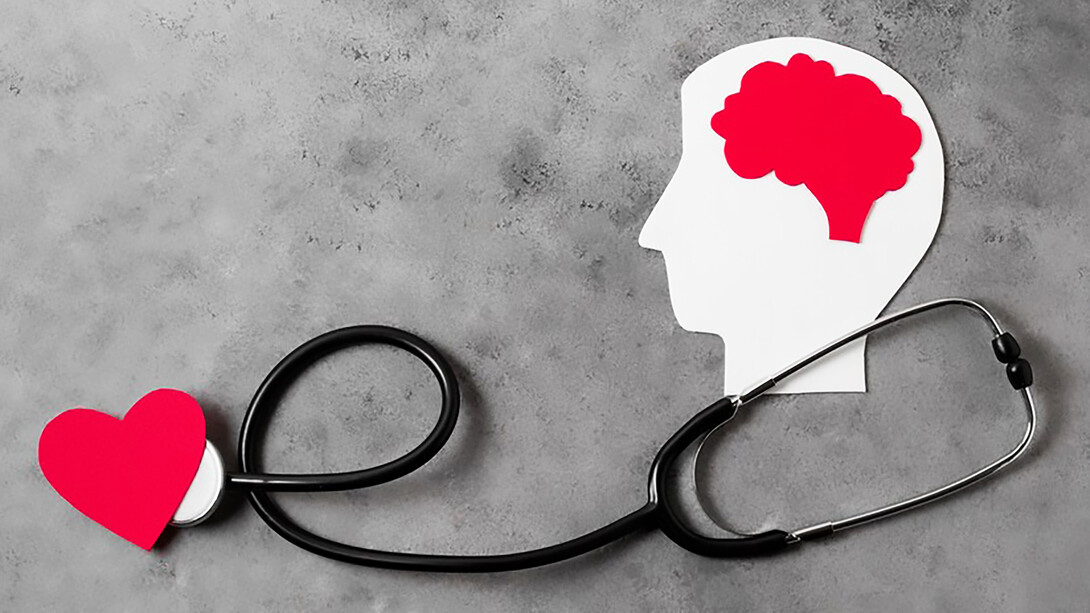 Illustration depicting the connection between the human brain and heart, portrayed with a stethoscope, highlighting their communication