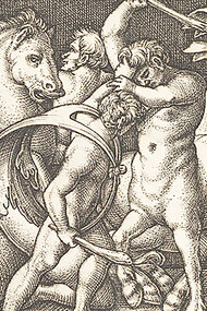 Hercules with his club in center fighting a centaur, other men fighting centaurs to left and right, from 'The labors of Hercules', print, Sebald Beham (MET, 2012.136.773.1)