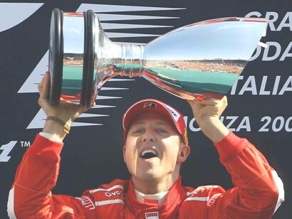 Michael Schumacher lifting the trophy at the Italian Grand Prix in Monza, Italy