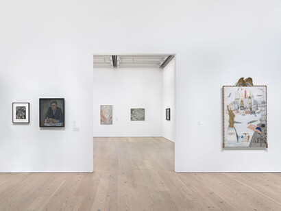 Installation view of The Whitney’s Collection: Selections from 1900 to 1965 (Whitney Museum of American Art, New York, June 28, 2019- ). From left to right: Andreas Feininger, Gathering Machine, Book Binding, n.d.; Alice Neel, Pat Whalen, 1935; Georgia O’Keeffe, Flower Abstraction, 1924; Georgia O’Keeffe, The White Calico Flower, 1931; Marsden Hartley, Robin Hood Cove, Georgetown, Maine, 1938; Florine Stettheimer, New York/Liberty, 1918-19. Photograph by Ron Amstutz