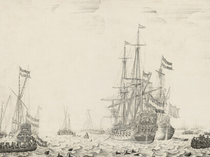 Willem van de Velde the Elder, Dutch Ships near the Coast, early 1650s, oil and ink on panel, Gift of Lloyd M. Rives, 1994.61.1
