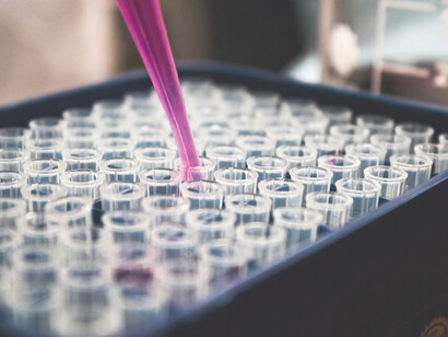 Eine violette pipette, die reagenzgläser nachfüllt